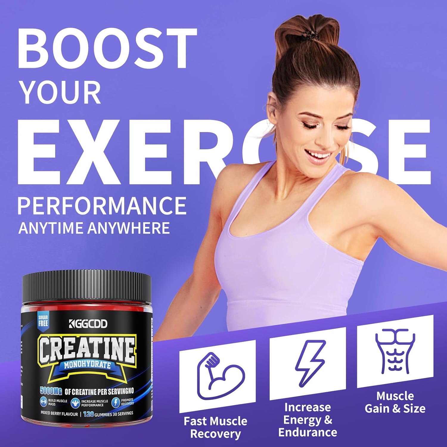 Creatine Monohydrate Gummies Sugar Free, 5g of Creatine Monohydrate per Serving for Muscle Maximum Strength, Energy Focus Endurance, creatine Supplements for Women Men 120Count Mixed Berry