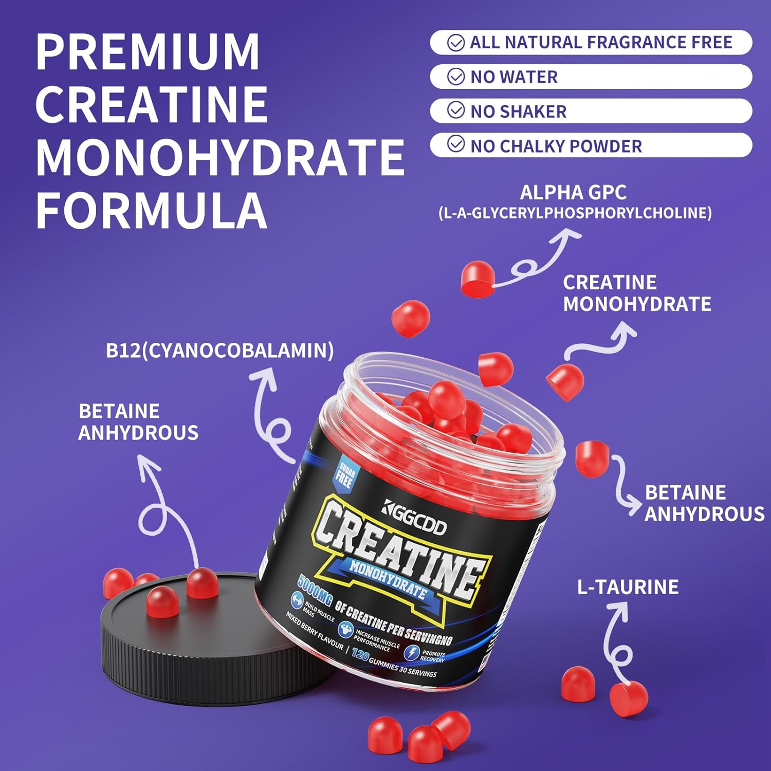 Creatine Monohydrate Gummies Sugar Free, 5g of Creatine Monohydrate per Serving for Muscle Maximum Strength, Energy Focus Endurance, creatine Supplements for Women Men 120Count Mixed Berry