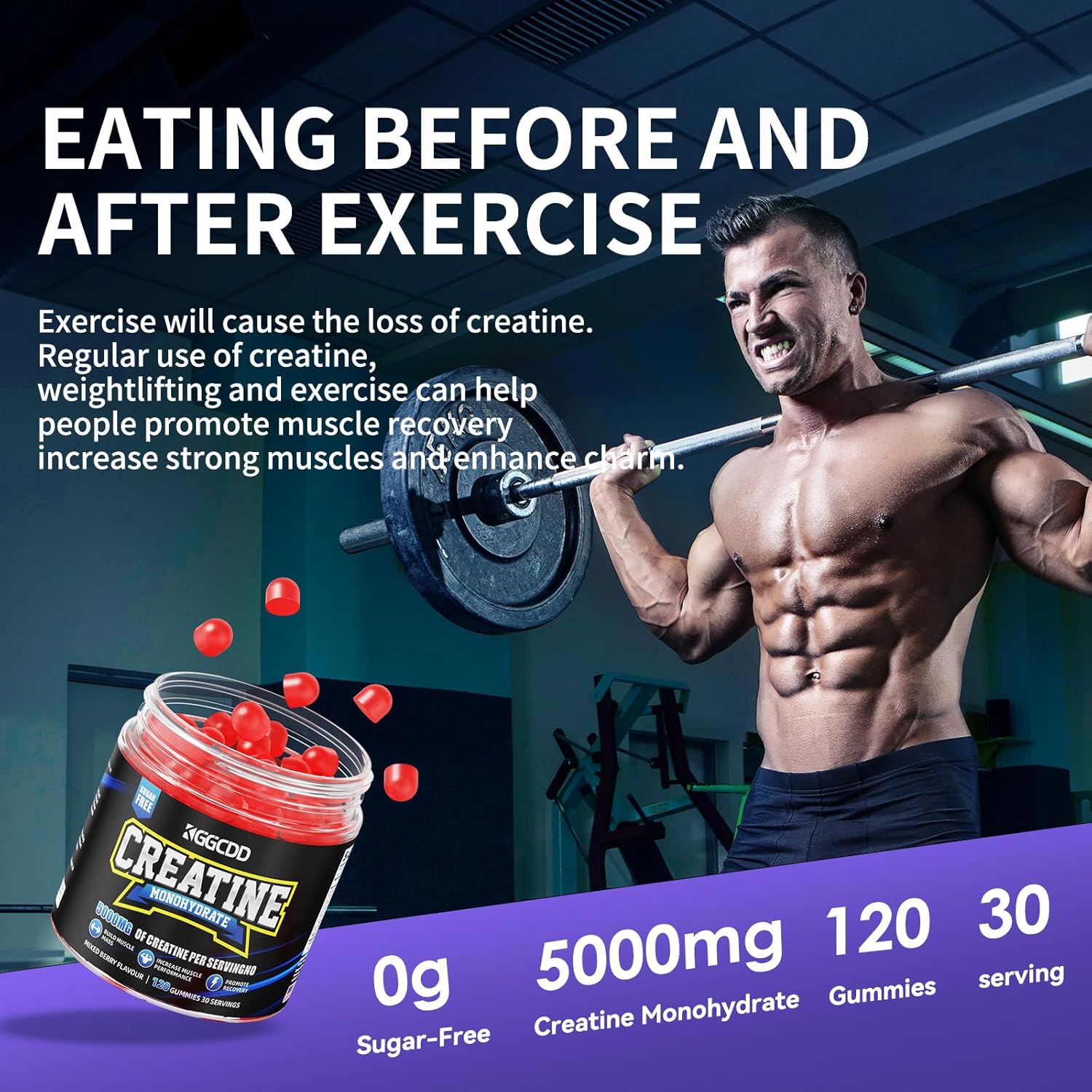 Creatine Monohydrate Gummies Sugar Free, 5g of Creatine Monohydrate per Serving for Muscle Maximum Strength, Energy Focus Endurance, creatine Supplements for Women Men 120Count Mixed Berry