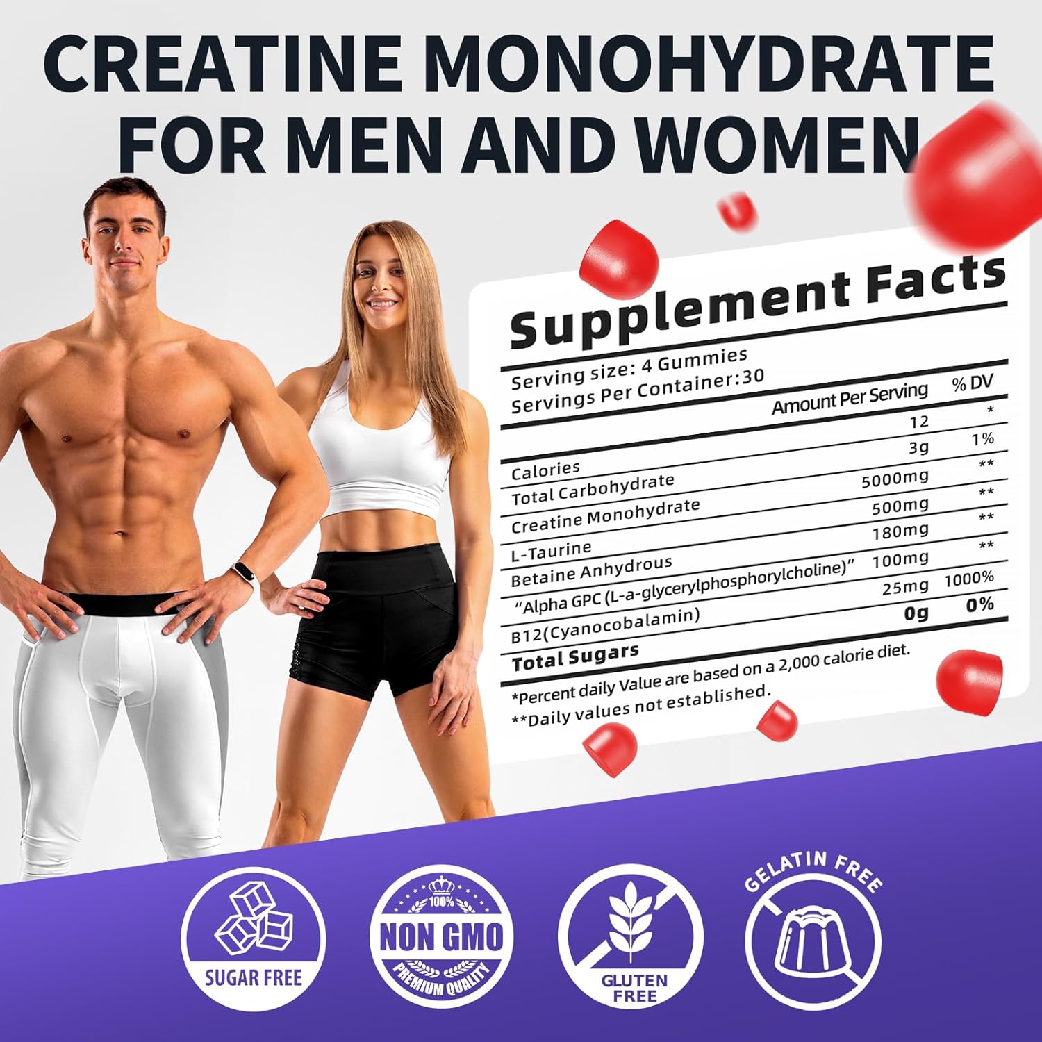 Creatine Monohydrate Gummies Sugar Free, 5g of Creatine Monohydrate per Serving for Muscle Maximum Strength, Energy Focus Endurance, creatine Supplements for Women Men 120Count Mixed Berry