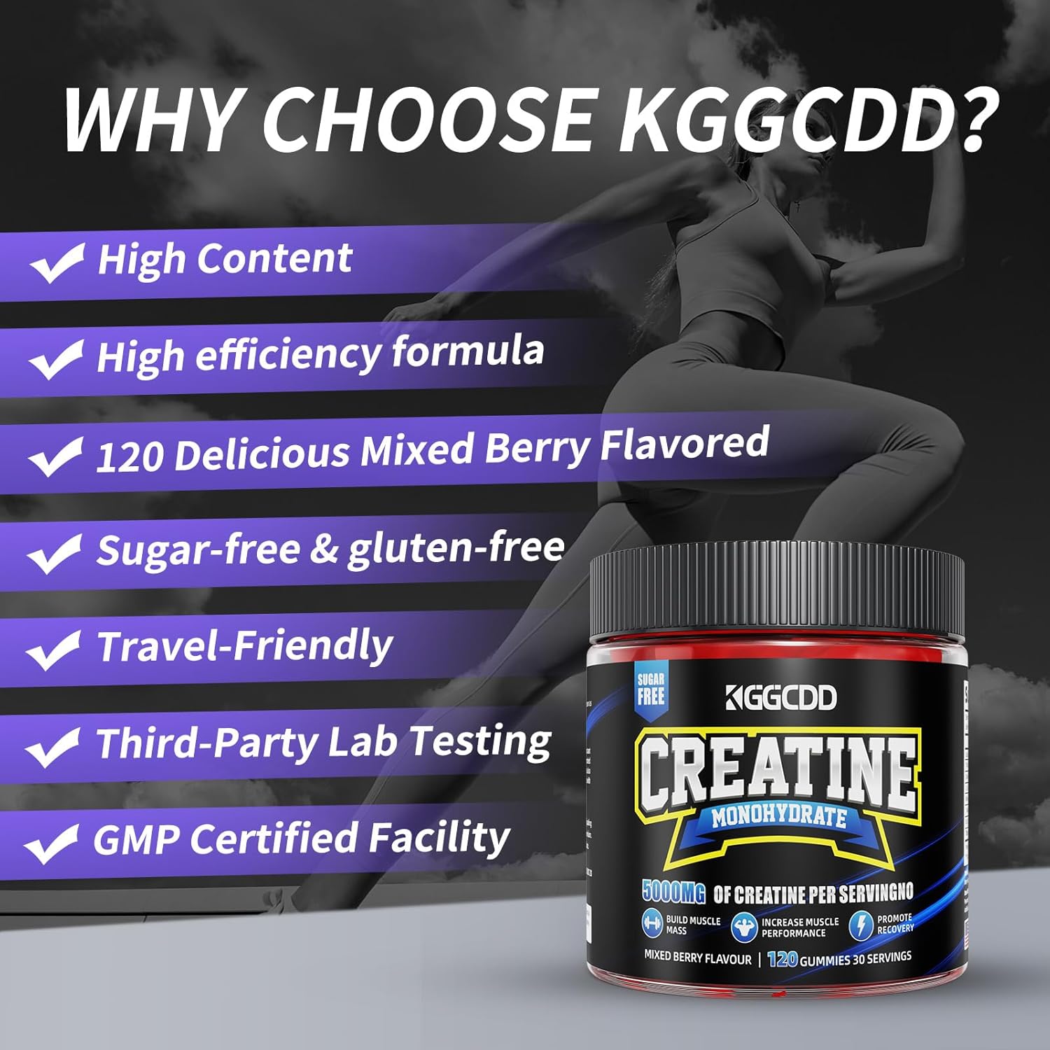 Creatine Monohydrate Gummies Sugar Free, 5g of Creatine Monohydrate per Serving for Muscle Maximum Strength, Energy Focus Endurance, creatine Supplements for Women Men 120Count Mixed Berry
