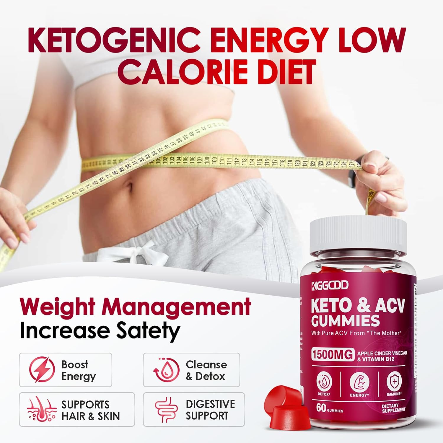 Keto ACV Gummies Advanced Weight - L0ss-,- Keto Gummy Supplement for Women and Men, with 1500MG Apple Cider Vinegar & Vitamin B12, Vegan & Non-GMO, Detox & Cleanse, Low-Carb, 60 Count