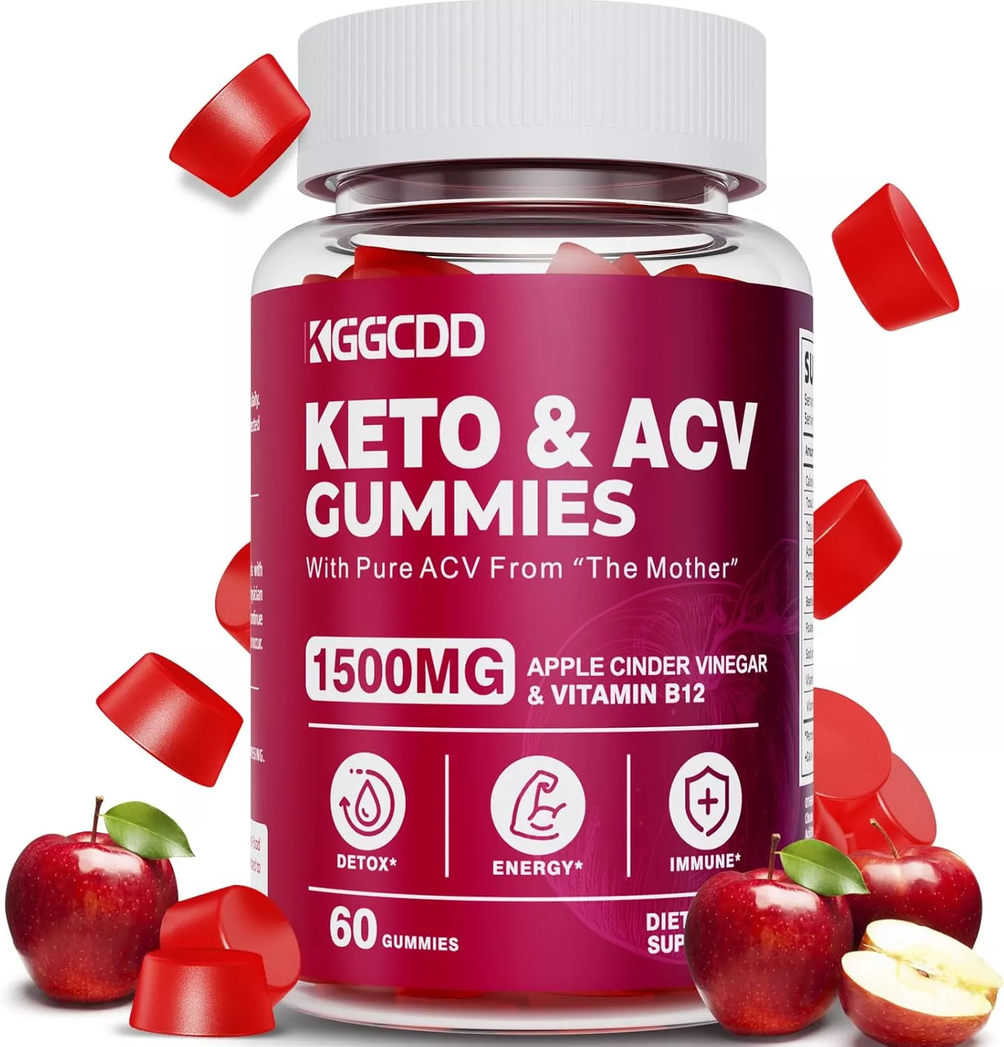 Keto ACV Gummies Advanced Weight - L0ss-,- Keto Gummy Supplement for Women and Men, with 1500MG Apple Cider Vinegar & Vitamin B12, Vegan & Non-GMO, Detox & Cleanse, Low-Carb, 60 Count